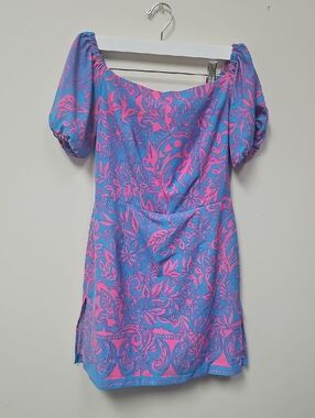 Lilly Pulitzer Blue and Pink Puff-Sleeve Off-Shoulder Mini Dress